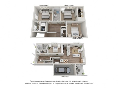 a stylized floor plan of a 3 bedroom apartment